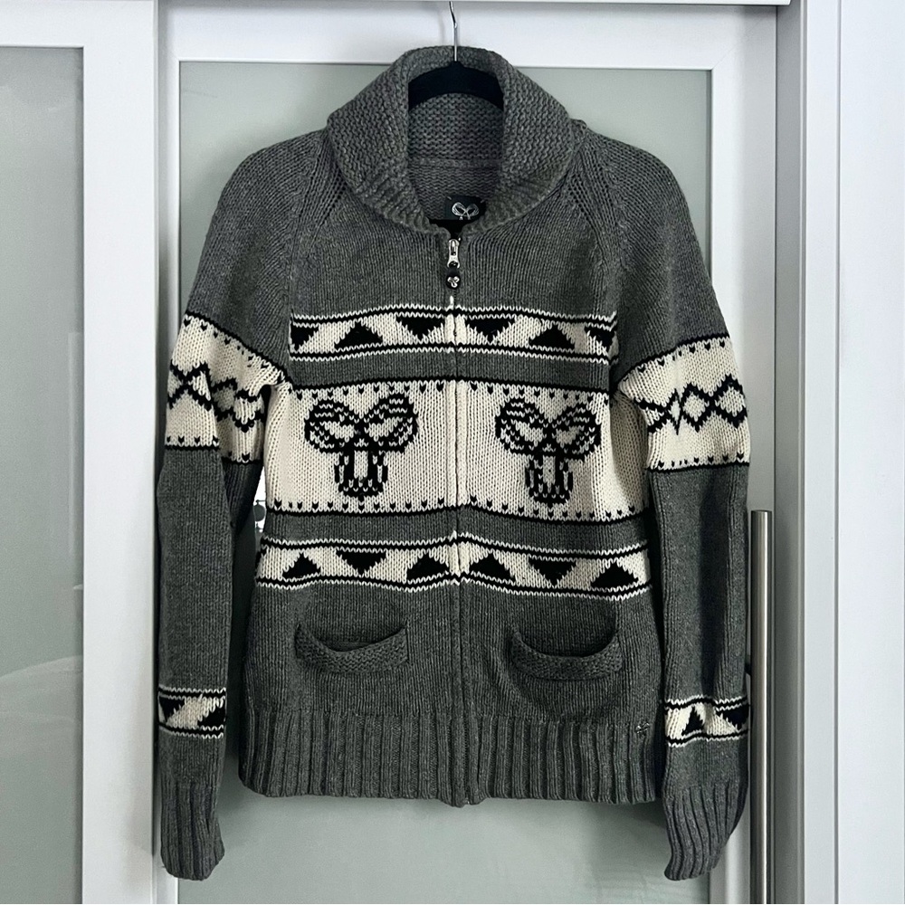 Aritzia TNA Grey Ivory Sea To Sky Zip Up Wool Cardigan Sweater